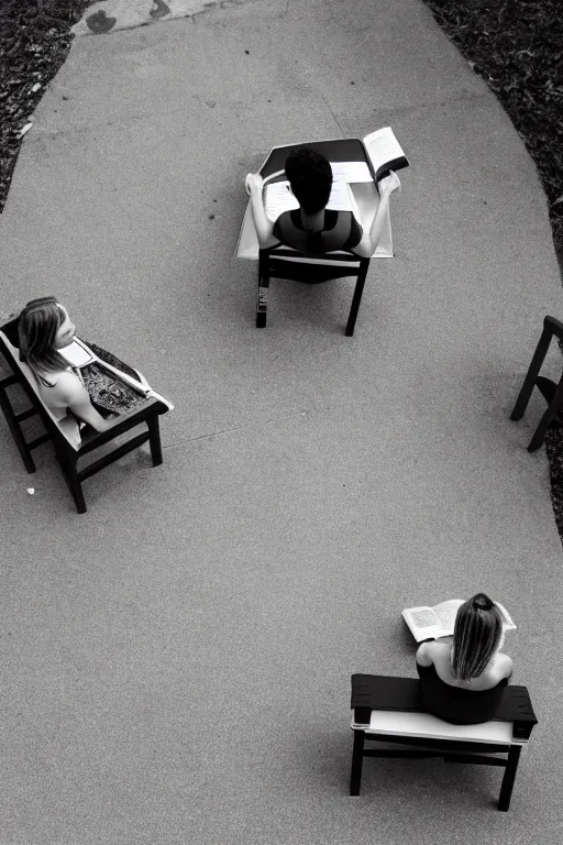 Prompt: A photograph of two benches in a clearing, a woman sitting on one of the benches reading a book, looking down from above,black and white photo.ISO200,F4.5,80mm,1/30,Nikon D3.