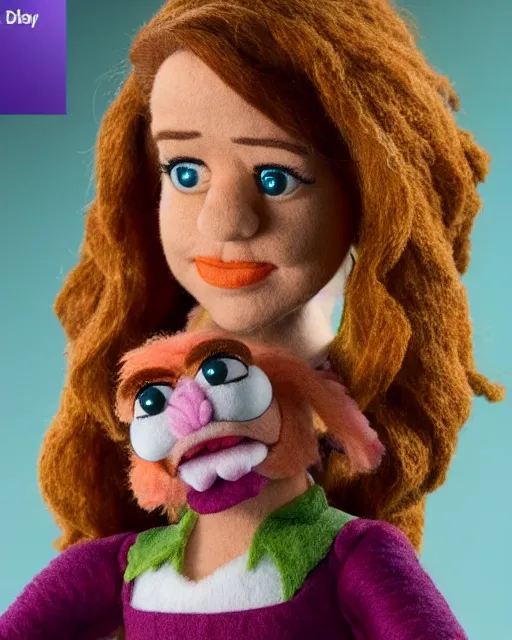 Image similar to pam beesley as a muppet. highly detailed felt. hyper real photo. 4 k.