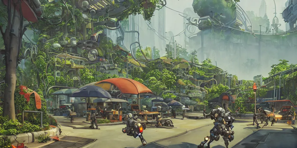 Prompt: overwatch building, stylized, exterior, architecture, in watercolor gouache detailed paintings, insanely detail, artstation, 8 k, futuristic, big medium small, arcane, simon stalenhag, food stall, interesting shapes & form, golden ratio, megastructures, in the middle of crowded jungle, forest, plant, ivy vines