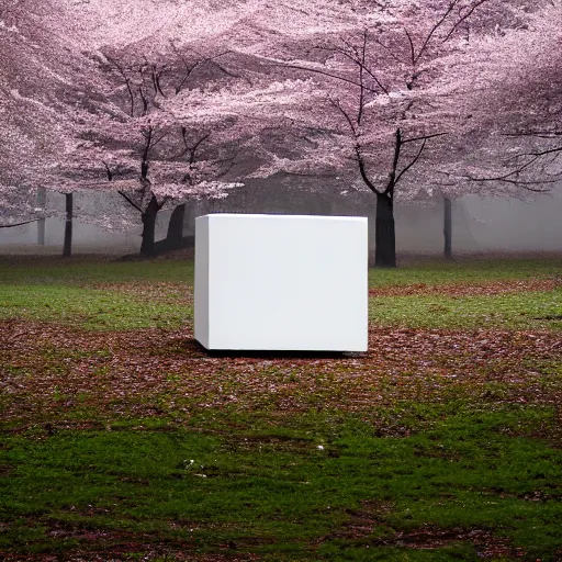 Prompt: photograph of a white concrete cube sitting in the middle of a cherry blossom forest clearing, foggy, liminal