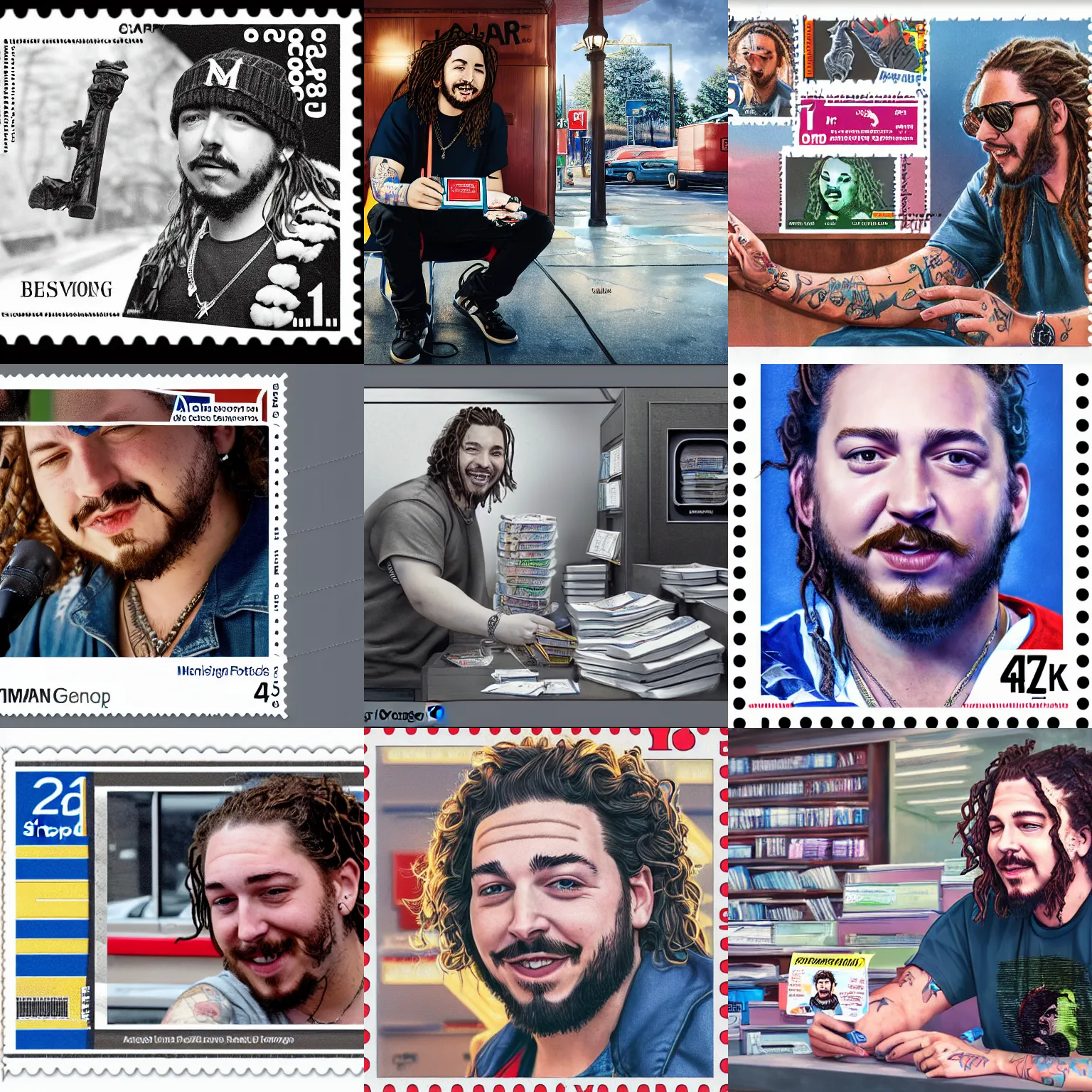 Prompt: a closeup photorealistic photograph of post malone selling stamps at a post office. bright scene. fine detail. this 4 k hd image is trending on artstation, featured on behance, well - rendered, extra crisp, features intricate detail, epic composition and the style of unreal engine.