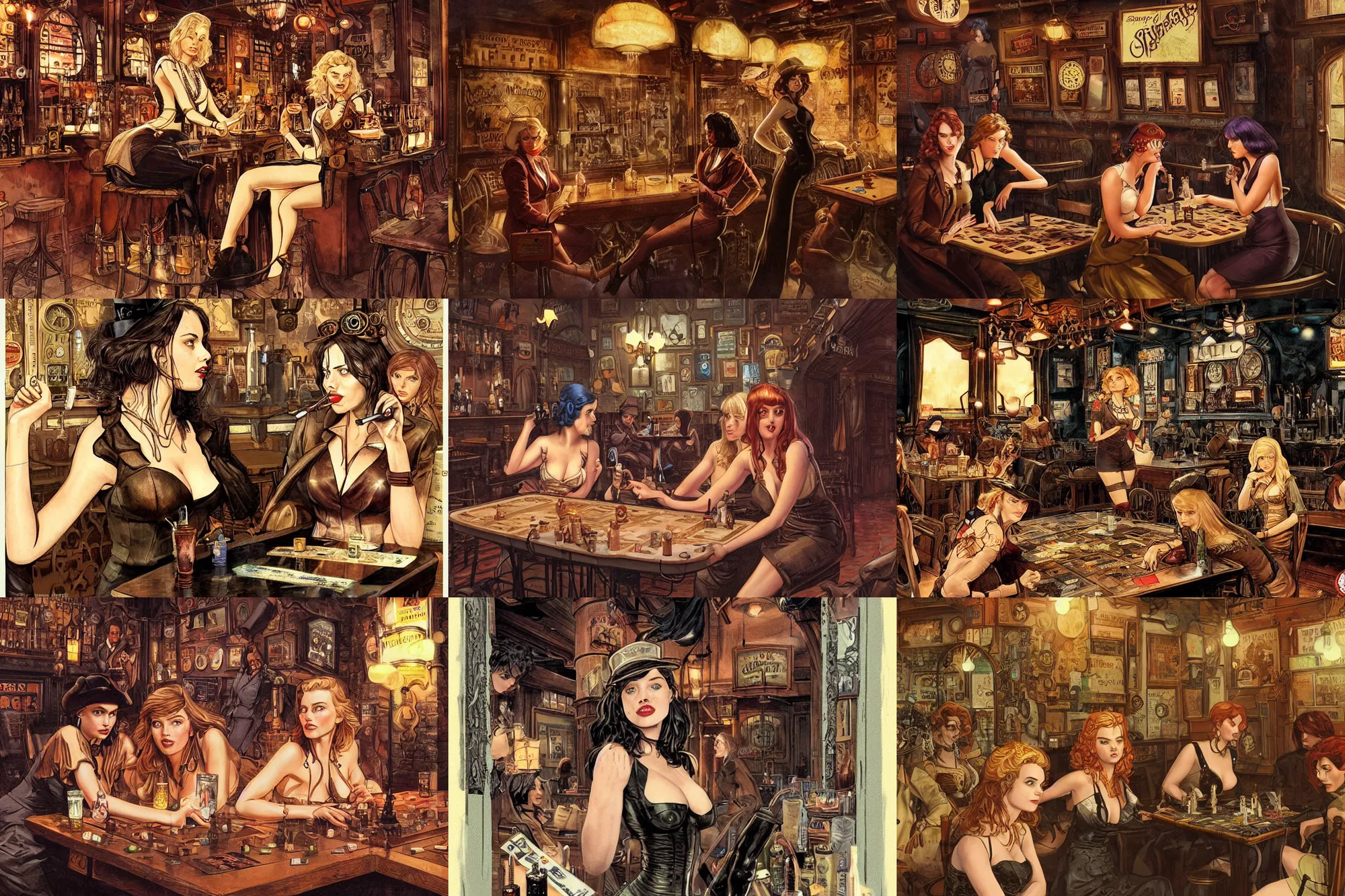 Prompt: women in the interior of a steampunk pub, Milo Manara, night time, Margot Robbie, Scarlett Johanson, zoey Deschannel, smoking cigarettes, playing board games, highly detailed, pulp fiction movie poster art, level design, concept art, artstation, cgsociety, zenith view