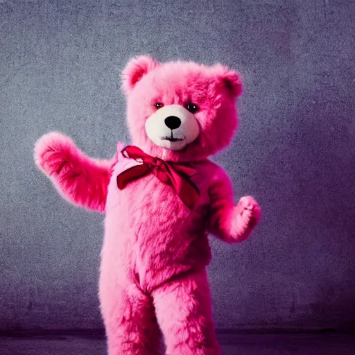 Image similar to fluffy pink teddybear wearing superhero costume, cinematic explosions, dramatic pose