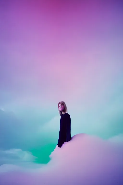 Image similar to high quality pastel coloured film close up wide angle photograph of a model wearing clothing resting on cloud furniture in a icelandic black rock!! environment in a partially haze filled dreamstate world. three point light, rainbow. photographic production. art directed. pastel colours. volumetric clouds. pastel gradient overlay. waves glitch artefacts. extreme facial clarity. 8 k. filmic.