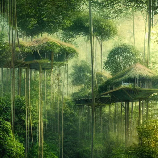 Prompt: treetop houses in a jungle, matte painting, trending on artstation, style of Monet,