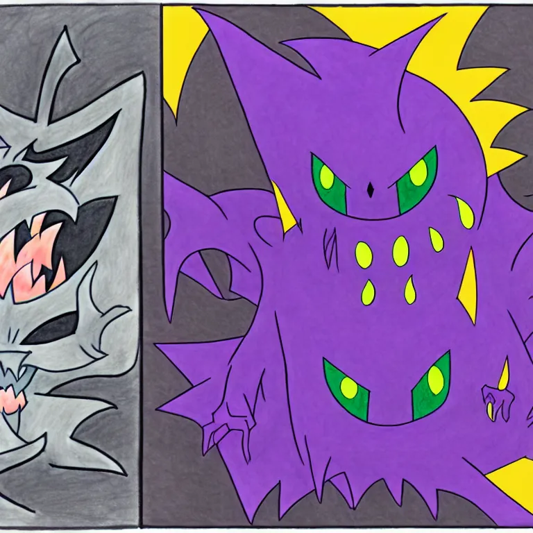 Prompt: gastly haunter gengar and mega gengar transformation collage, colorful line drawing, pencil, colored pencil, vibrant, colorful