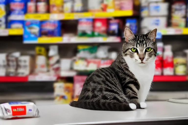 Image similar to cat on the counter in 7 - eleven next to a pack of cigarettes wide angle lens