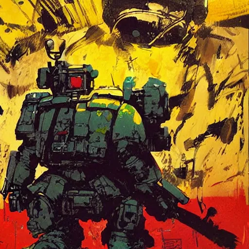 Prompt: Manatee Space Marine by Ashley Wood, Yoji Shinkawa, Jamie Hewlett, 60's French movie poster, French Impressionism, vivid colors, palette knife and brush strokes, Dutch tilt