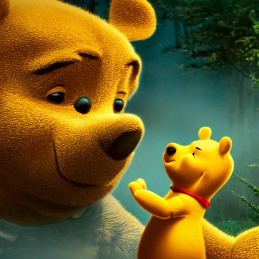 Prompt: winnie the pooh in the movie godzilla, cinematic, volumetric lighting, realistic, hyperdetailed, photorealistic, photograph