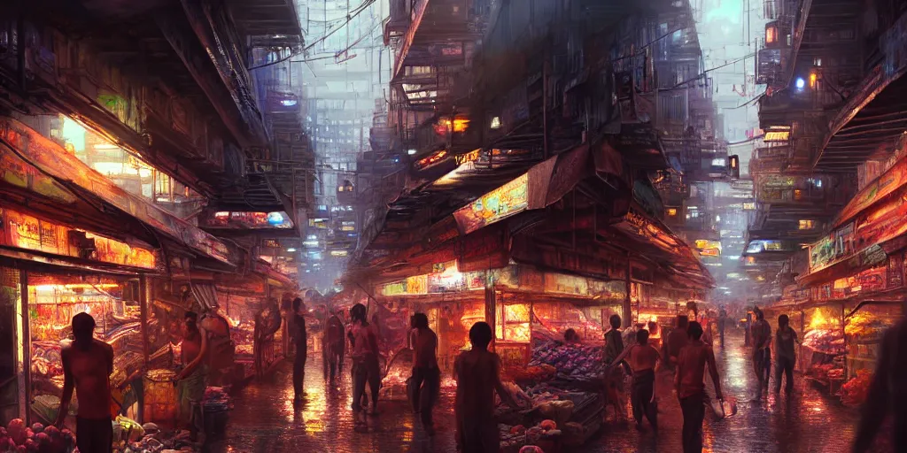 Prompt: an intricate concept art illustration of a market slums inside a megastructure city neon light district,sci-fi, cinematic lighting, hyper realistic, art by dylan cole, detailed matte painting, digital art, sci-fi film color palette, volumetric lighting