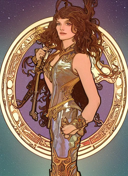 Prompt: elegant paladin in copper colored plate armor who looks like young michelle pfeiffer, moonlight in the background, illustration by alphonse mucha, soft lighting, HD, sharp focus, intricate, masterpiece, concept art, character design