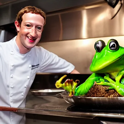 Image similar to mark zuckerberg as a chef offering you a live frog on a plate