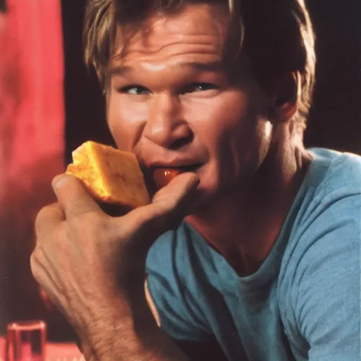 Image similar to patrick swayze eating! a cola cube, high quality photograph,