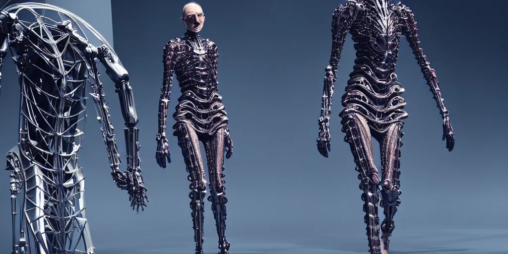 Image similar to star base, walking down the catwalk, vogue photo, podium, fashion show photo, iris van herpen baroque dress, beautiful woman, perfect body, full body shot, helmet on face, inflateble shapes, masterpiece, guyver, biomechanical details, denis villeneuve, movie still, fauvism, cinestill, bokeh, artstation