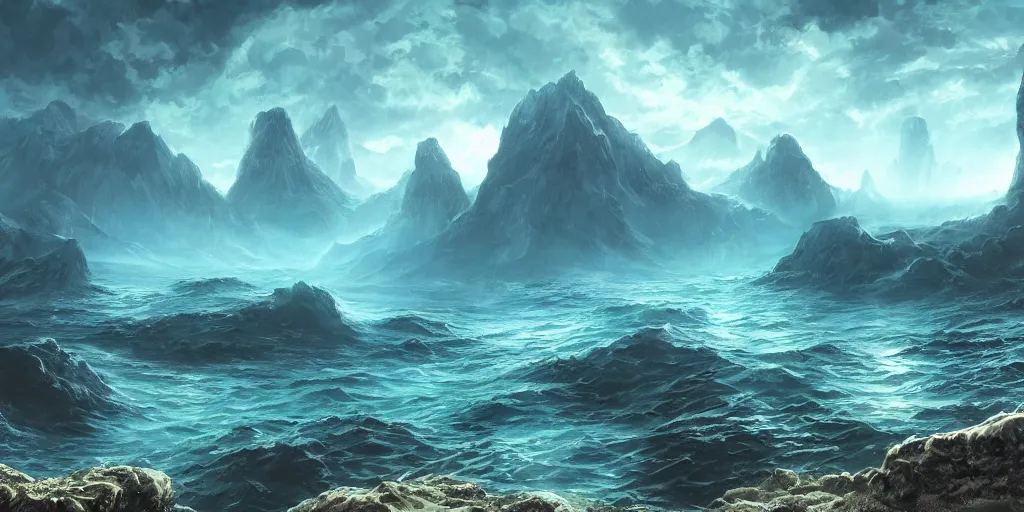 Image similar to The eldritch underwater landscape with mountains in the background, Sci-Fi fantasy desktop wallpaper, painted, 4k, high detail, sharp focus