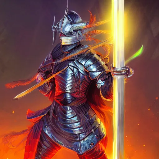 Prompt: female knight with an electric longsword rallies a band of troops, dramatic, fantasy character portrait, dynamic lighting, colorful, intricate, illustration, digital art, 8 k, high resolution