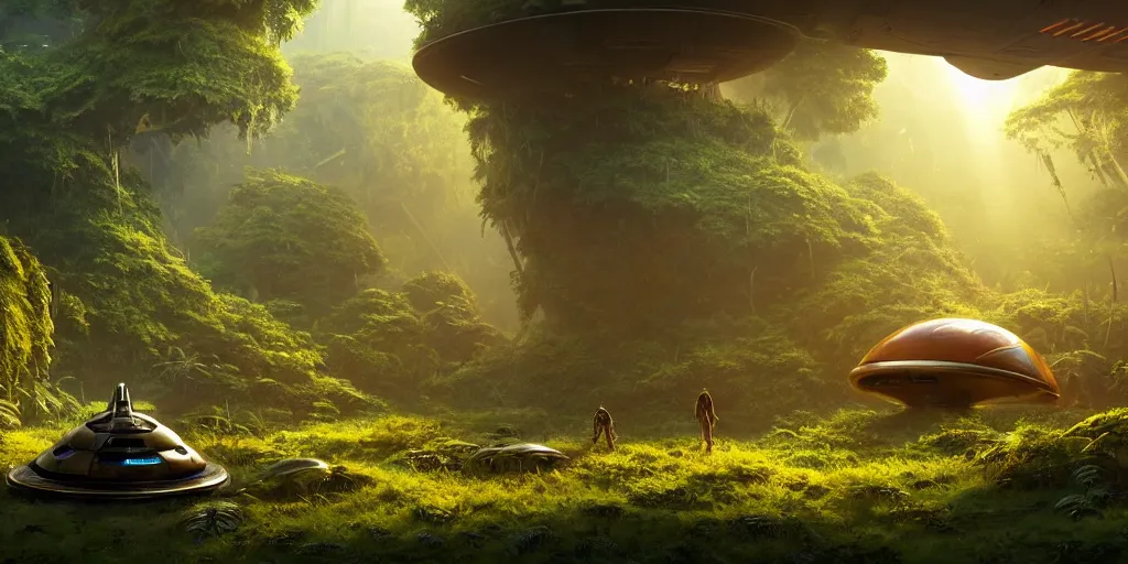 Image similar to a futuristic rusty old alien spaceship, next to it a smaller exploration ship on a landing pad, surrounded by a lush jungle, in the foreground two explorers are having a conversation and small animals are walking around, golden hour, sun beams, volumetric light, hyperdetailed, artstation, cgsociety, 8k