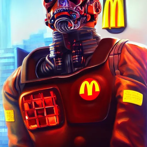 Prompt: an oil painting of the terminator wearing a mcdonald worker outfit, by artgerm, hd, hdr, ue 5, ue 6, unreal engine 5, realistic anime 3 d style, cinematic 4 k wallpaper, 8 k, ultra detailed, gta cover art, high resolution, artstation, award winning