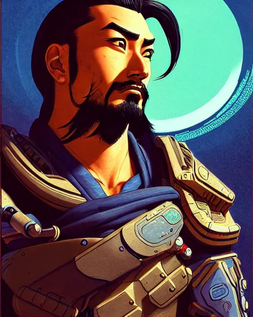 Image similar to hanzo from overwatch, character portrait, portrait, close up, concept art, intricate details, highly detailed, vintage sci - fi poster, retro future, vintage sci - fi art, in the style of chris foss, rodger dean, moebius, michael whelan, and gustave dore