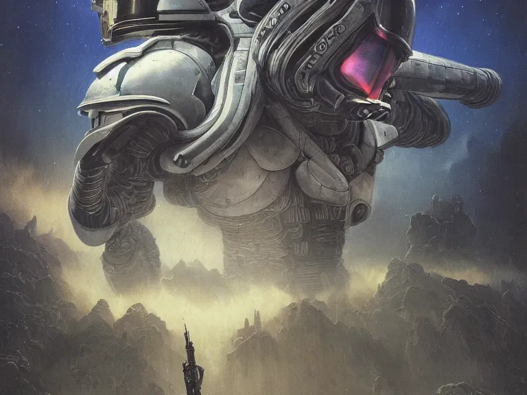 Prompt: a detailed profile painting of a bounty hunter in armour and visor, cinematic sci-fi poster. Spaceship high in the background. Flight suit, spartan armour faceplate anatomy portrait symmetrical and science fiction theme with lightning, aurora lighting clouds and stars. Clean and minimal design by beksinski carl spitzweg giger and tuomas korpi. baroque elements. baroque element. intricate artwork by caravaggio. Oil painting. Trending on artstation. 8k