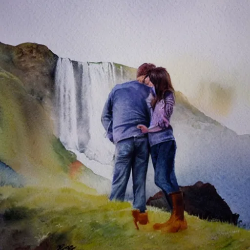 Image similar to a realistic watercolor painting of a couple in love by Skógafoss