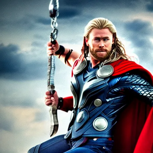 Image similar to thor with dog's head, holding a hammer, cinematic thunder background