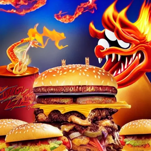 Image similar to dragon blowing fire from mouth surrounded by cheeseburgers, highly detailed, movie still