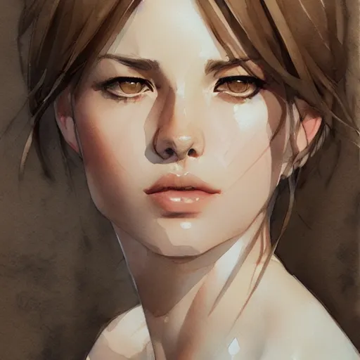 Prompt: short brown haired girl, grey eyes, artstation, watercolor, highly detailed, portrait, by krenz cushart