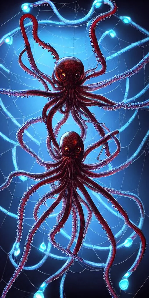 Image similar to concept art of an alien cybernetic spider octopus made of silica crystal and full of glowing translucent cables, on a dark rock background, surrounded by spirals of fog, grimy, gritty, trending on artstation, award winning painting, close portrait, cgi, art by h. p. lovecraft and ramsey campbell