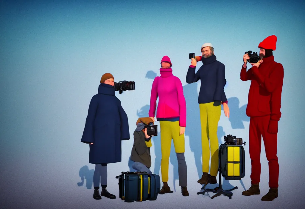 Prompt: full body portrait of a trio of european tourists cold climate travel apparel, with nikon cameras, various poses shooting photos, character designs painting, in the style of wes anderson, rene magritte, lola dupre, david hockney, isolated on white background, dark monochrome neon spraypaint accents volumetric octane render