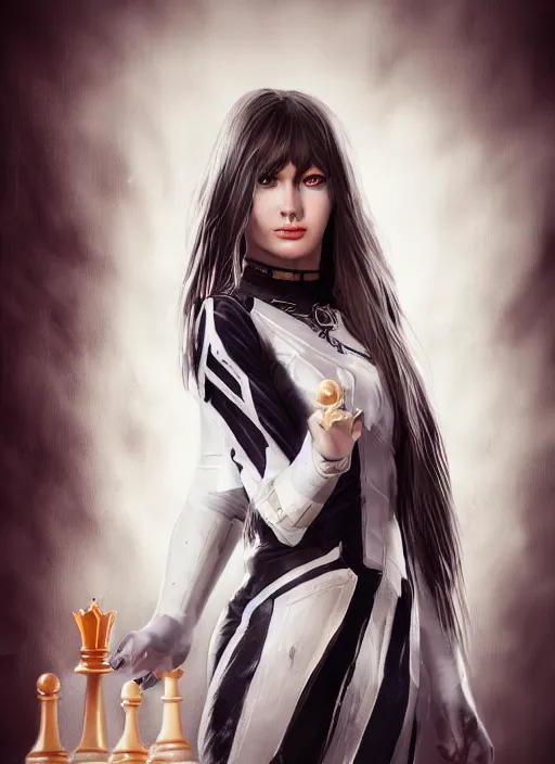 Image similar to An epic fantasy comic book style portrait painting of a girl with long straight hair, hair is half black half white, she is wearing a dress with a chess pattern, Unreal 5, DAZ, hyperrealistic, octane render, cosplay, RPG portrait, dynamic lighting