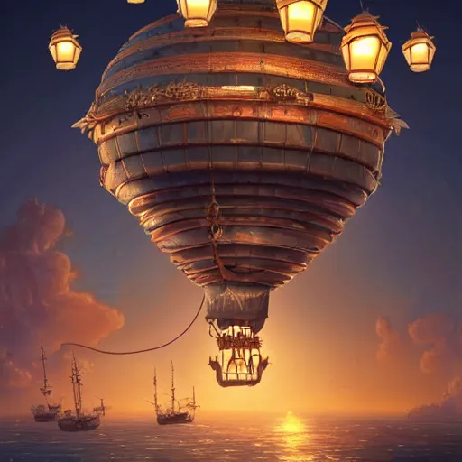 Prompt: A beautiful photograph of a detailed ornate steampunk airship flying over a majestic mediterranian port city filled with tiny glowing lanterns with a view of the ocean at sunset, by David Noren, jordan grimmer, tyler edlin, featured on cgsociety