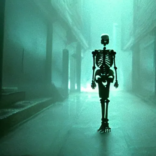 Image similar to a glowing skeleton walking. still from blade runner.