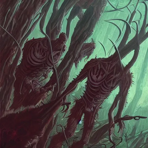 Image similar to sci - fi, hunters of monsters walking in a meat and bone forest, art by oscar chichoni