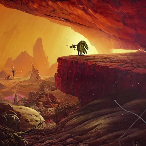 Image similar to A fresco painting of a nomadic wanderer traversing a corrupted futuristic crystal desert by Jacek Yurka, Kelly Freas, Filip Hodas, Paul Lehr, Dan Mumford, Max Ernst, Roger Dean, Caspar David Friedrich