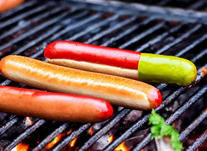 Image similar to dslr food photo closeup of hot dogs cooking on a grill, 8 k, 8 5 mm f 1. 8