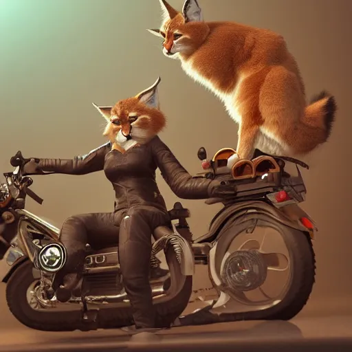 Image similar to cute fluffy caracal riding a motorcycle, hyper detailed, digital art, trending in artstation, cinematic lighting, studio quality, smooth render, unreal engine 5 rendered, octane rendered