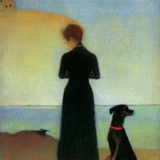 Image similar to a woman and her black and brown chihuahua looking out to sea by odilon redon