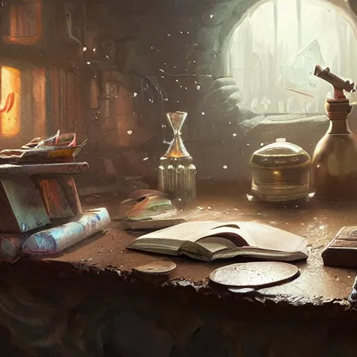 Image similar to hyper realistic, table, wizards laboratory, greg rutkowski, mortar, pestle, scales with magic powder, energy flowing, magic book, beakers of colored liquid, tony sart