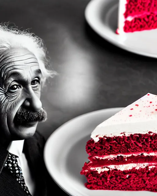 Image similar to a portrait of albert einstein sitting at the dining table with a plate containing red velvet cake in front of him, highly detailed, trending on artstation, bokeh, 9 0 mm, f / 1. 4