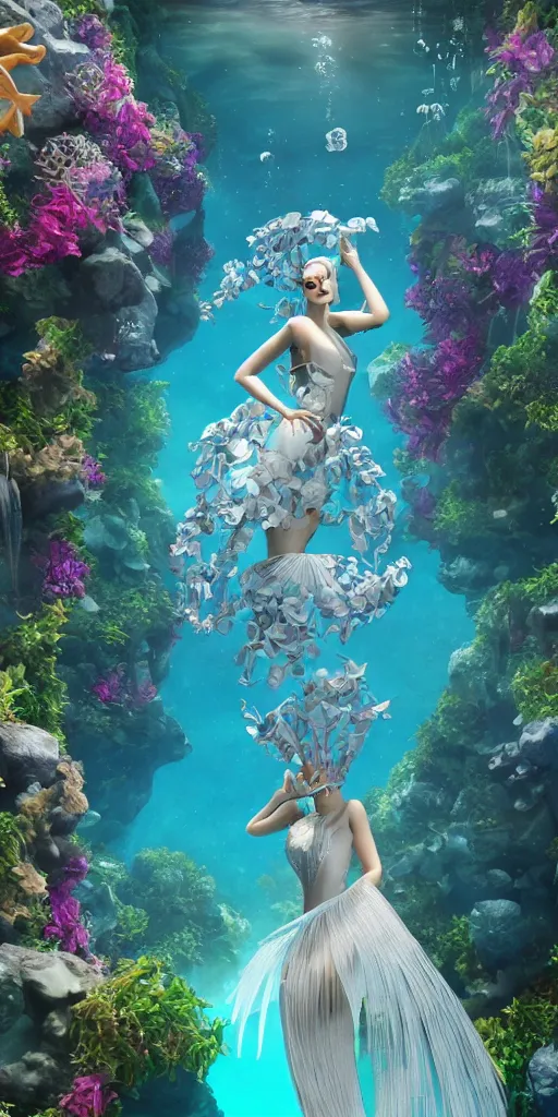 Image similar to #background a underwater city of Atlantis, anthropomorphic betta fish woman wearing a flowing couture dress made out of paper blue Bougainvillea, paper flowers, many origami betta fish, Origami coral, magestic light, 3D, very detailed, octane render, trending ArtStation, artgem