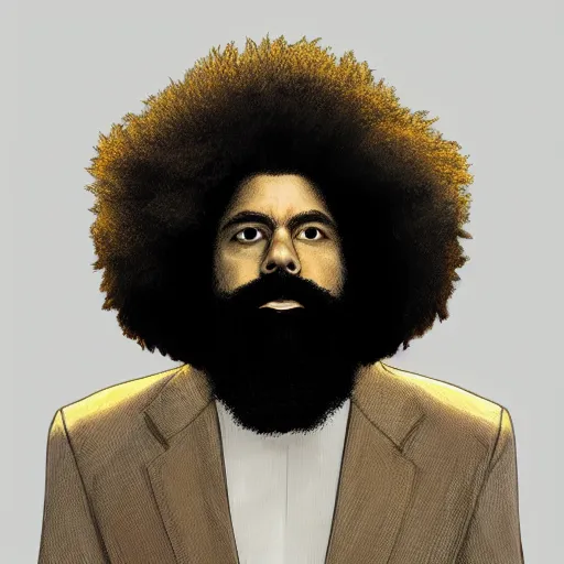 Prompt: minimalist Portrait of Reggie Watts, intricate, wild, highly detailed, digital painting, artstation, concept art, smooth, sharp focus, illustration, art by artgerm and greg rutkowski and alphonse mucha and Hajime Sorayama