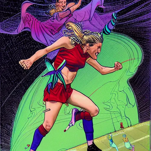 Prompt: a succubus playing soccer, colorful Epic portrait by james gurney and mœbius.