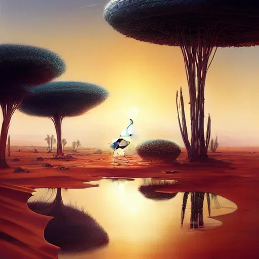 Prompt: an african moor wearing white robes riding a robot camel into a lush desert oasis with a reflective pond, by greg rutkowski and android jones, afrofuturism, oil on canvas, 8k, synthwave sunset