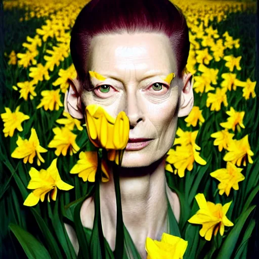 Image similar to medium shot, tilda swinton face fused with daffodil, head covered with leaves, inside the flower, daffodils field, highly detailed, shallow depth, bokeh, codachrome, polaroid, unreal engine, 3 d art, digital art, painting by greg rutkowski