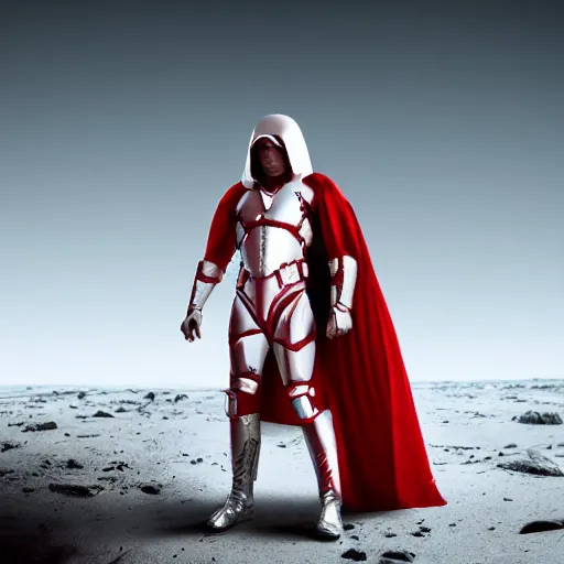 Image similar to tall muscular infantry man in glossy sleek white armor with a few red details and a long red cape, heroic posture, on the surface of mars, night time, dramatic lighting, cinematic, sci-fi, hyperrealistic, movie still