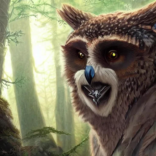 Prompt: three quarter portrait of an owlbear in the forest, d & d, fantasy, magali villeneuve,