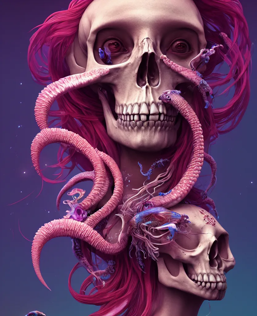 Image similar to goddess close - up portrait human skull, ram skull, squid phoenix jellyfish, orchid, betta fish, bioluminiscent, intricate artwork by tooth wu and wlop and beeple. octane render, trending on artstation, greg rutkowski very coherent symmetrical artwork. cinematic, hyper realism, high detail, octane render, 8 k