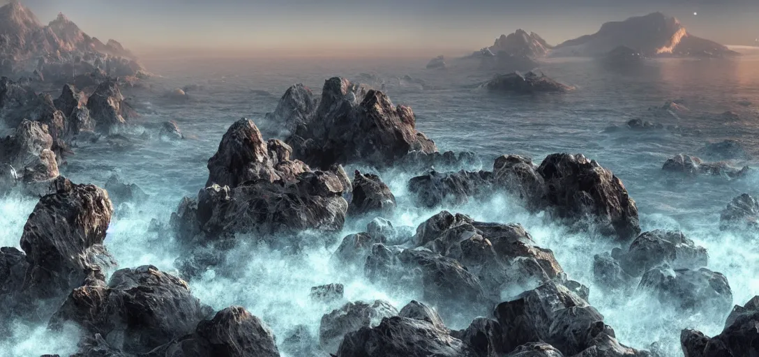 Image similar to octane render uhd, 8 k art photography, filmic lighting, cinematic art shot, hyperrealistic, hyperdetailed, super detailed, 8 k, high resolution, vast dark granite landscape with mysterious strangle glowing crystalline structure made of white rocks in the far distance, particle simulation, painting by ross tran and ivan aivazovsky, black water, sunset