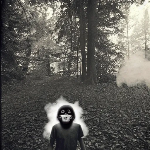 Image similar to teenage boy with skull mask, smoke around him, forest, by sally mann